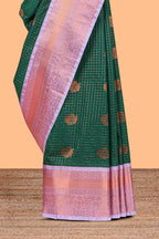 Green Color Tissue Silk Saree with  Zari Checks Weaving Body and Contrast Border along with Contrast Blouse