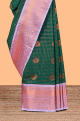 Green Color Tissue Silk Saree withZari Checks Weaving Body and Contrast Border along with Contrast Blouse