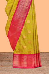 Yellow Color Tissue Silk Saree withZari Checks Weaving Body and Contrast Border along with Contrast Blouse