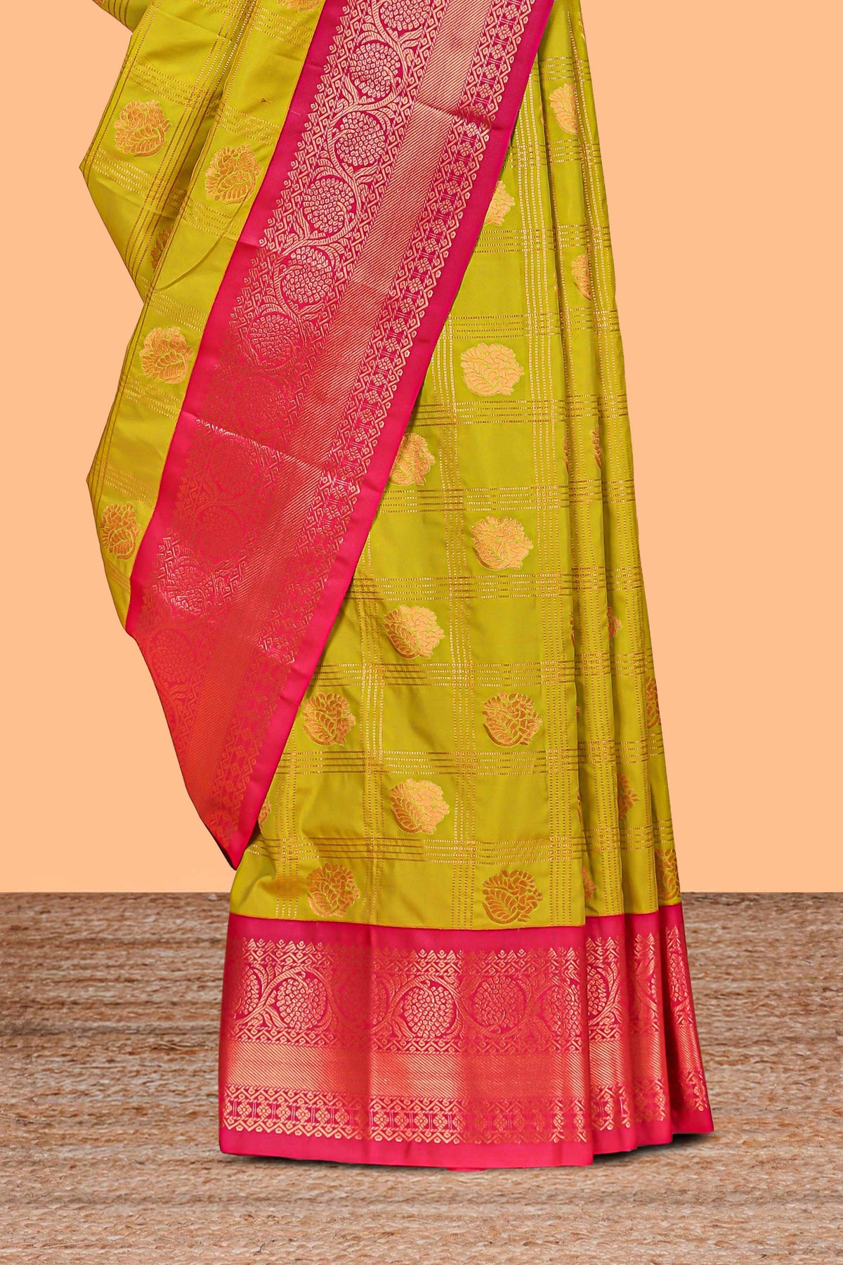 Green Color Tissue Silk Saree with  Zari Checks Weaving Body and Contrast Border along with Contrast Blouse