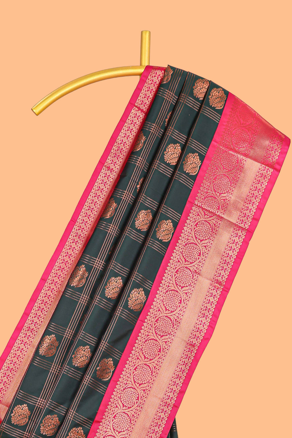 Black Color Tissue Silk Saree with  Zari Checks  and Buttas Weaving Body and Contrast Border along with Contrast Blouse