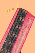 Black Color Tissue Silk Saree with  Zari Checks  and Buttas Weaving Body and Contrast Border along with Contrast Blouse
