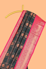 Black Color Tissue Silk Saree withZari Checksand Buttas Weaving Body and Contrast Border along with Contrast Blouse