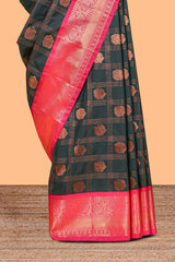 Black Color Tissue Silk Saree withZari Checksand Buttas Weaving Body and Contrast Border along with Contrast Blouse