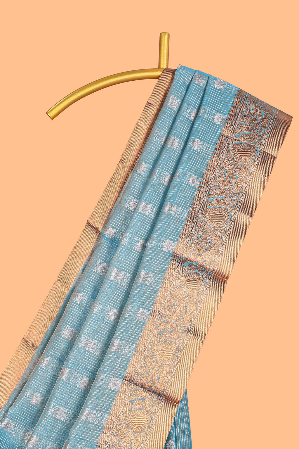 Elegant Turquoise Blue Tissue Silk Saree with Antique Gold Woven Motifs and Rich Zari Border along with Contrast Blouse