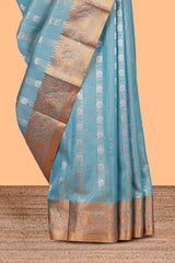 Elegant Turquoise Blue Tissue Silk Saree with Antique Gold Woven Motifs and Rich Zari Border along with Contrast Blouse
