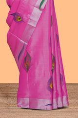 Pink peacock feather design tissue saree with self zari border and contrast blouse