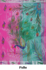 Pink peacock feather design tissue saree with self zari border and contrast blouse