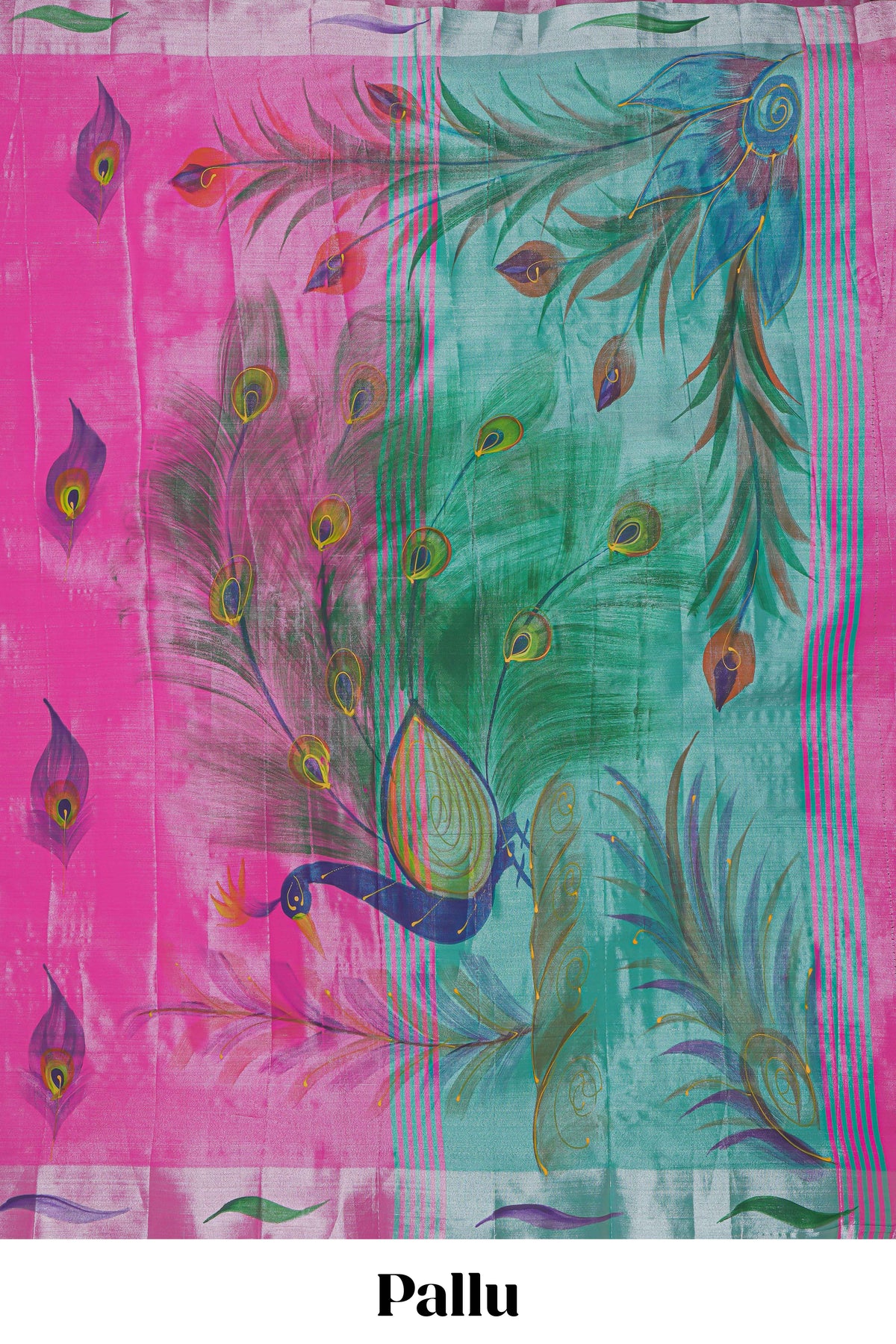 Pink peacock feather design tissue saree with self zari border and contrast blouse