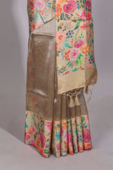 Brown geometric design tissue saree with contrast floral print border and printed blouse