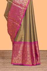Mustard plain design tissue saree with contrast zari border and blouse