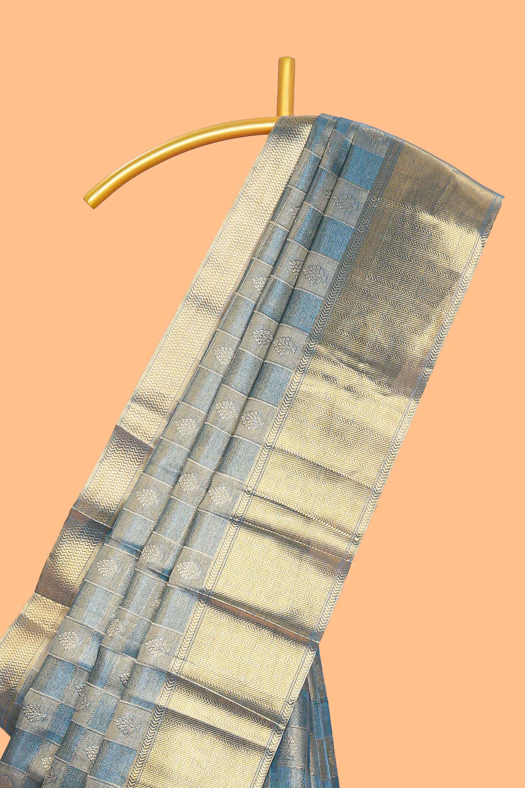 Blue checked zari motifs art tissue saree with self zari border and matching blouse