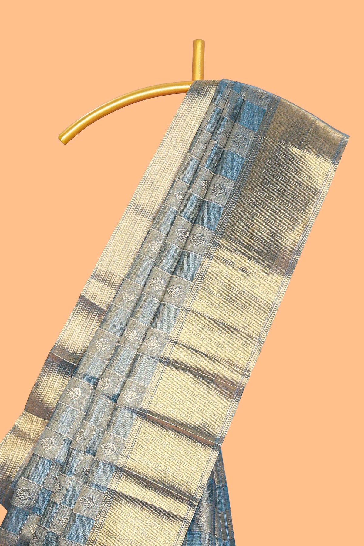 Blue checked zari motifs art tissue saree with self zari border and matching blouse