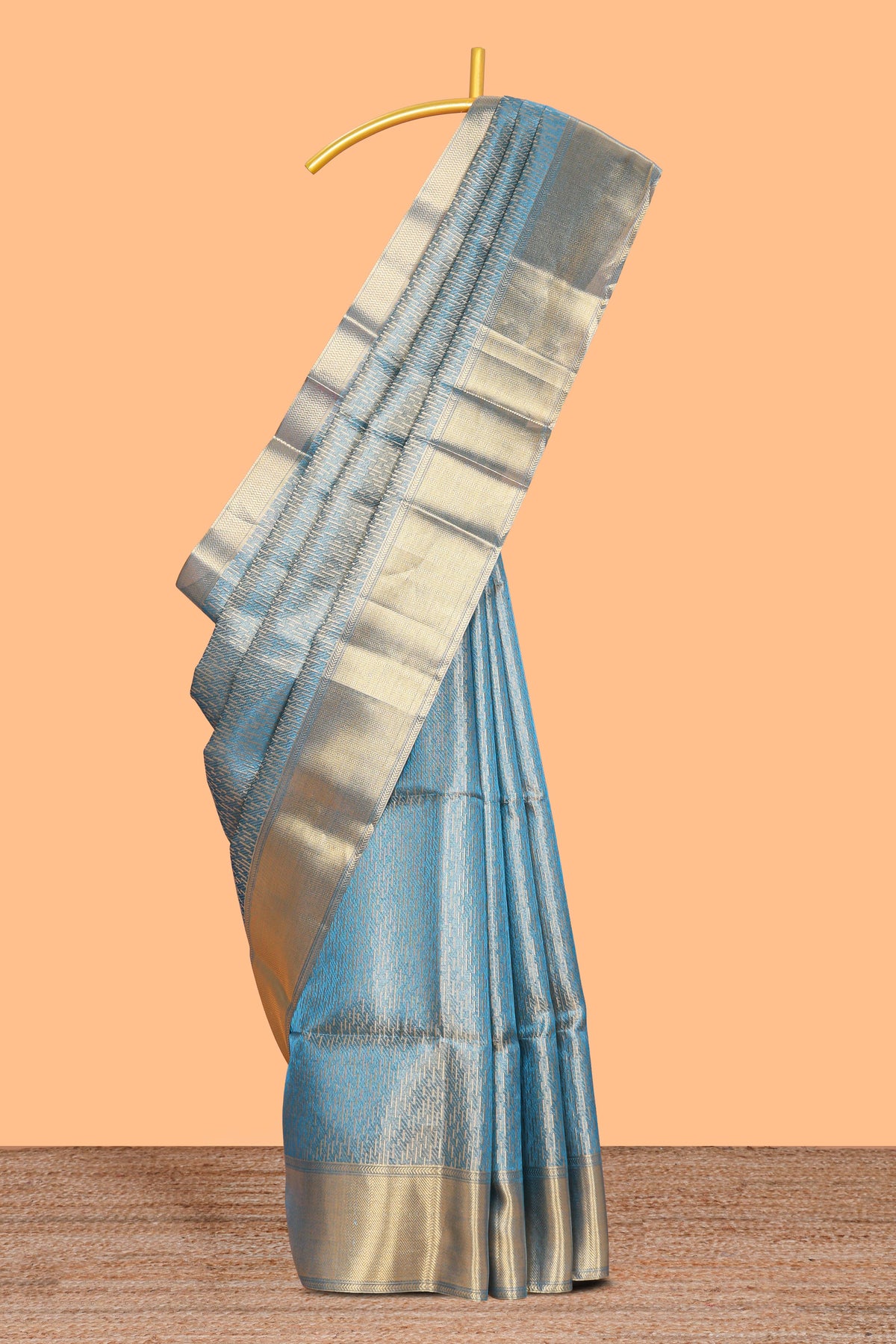 Blue geometric zari motifs art tissue saree with self zari border and matching blouse