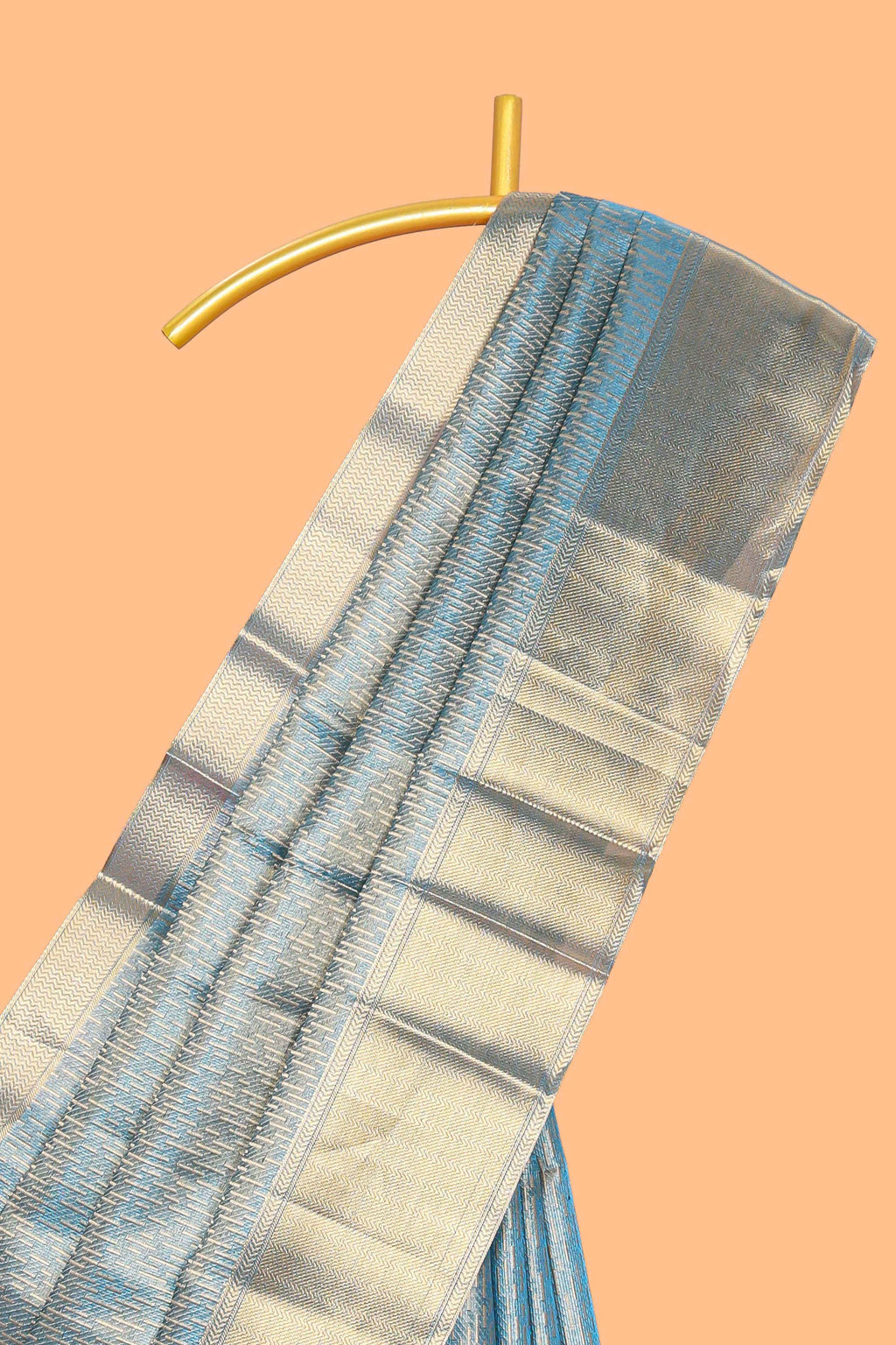 Blue geometric zari motifs art tissue saree with self zari border and matching blouse