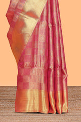 Pink checked zari motifs art tissue saree with self zari border and matching blouse