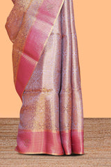 Lavender floral zari design art tissue saree with contrast zari border and zari blouse