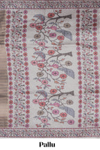 Grey striped art tissue saree with contrast floral & peacock design border and matching blouse