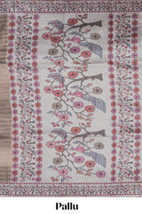 Grey striped art tissue saree with contrast floral & peacock design border and matching blouse