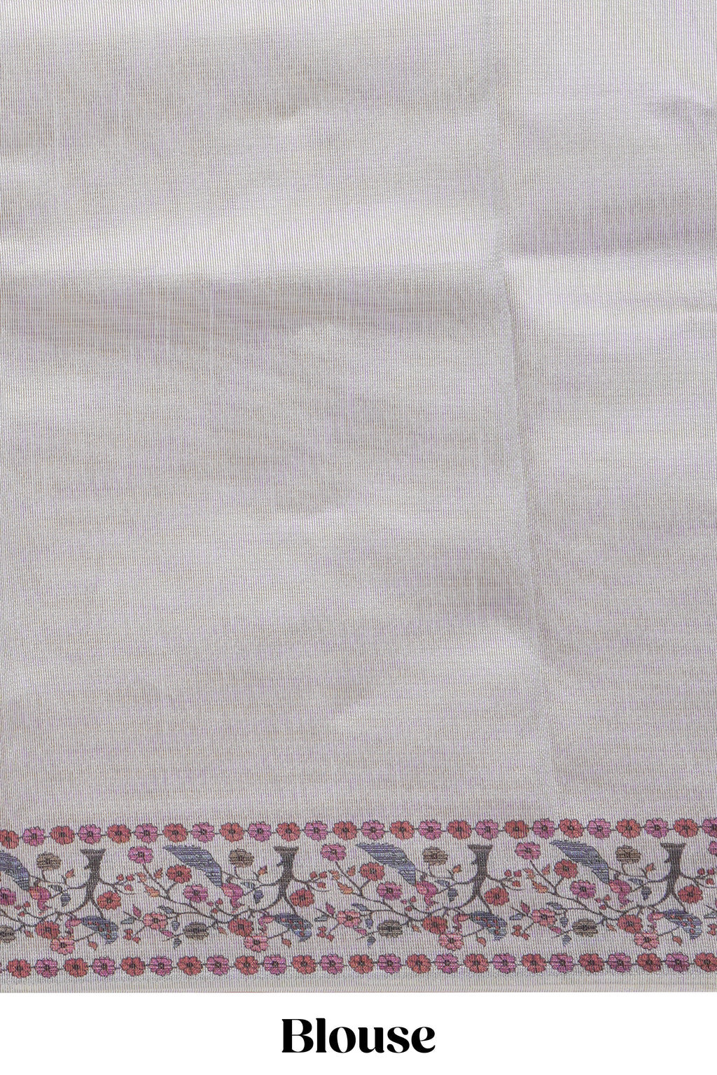 Grey striped art tissue saree with contrast floral & peacock design border and matching blouse