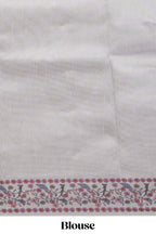 Grey striped art tissue saree with contrast floral & peacock design border and matching blouse