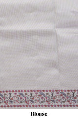 Grey striped art tissue saree with contrast floral & peacock design border and matching blouse