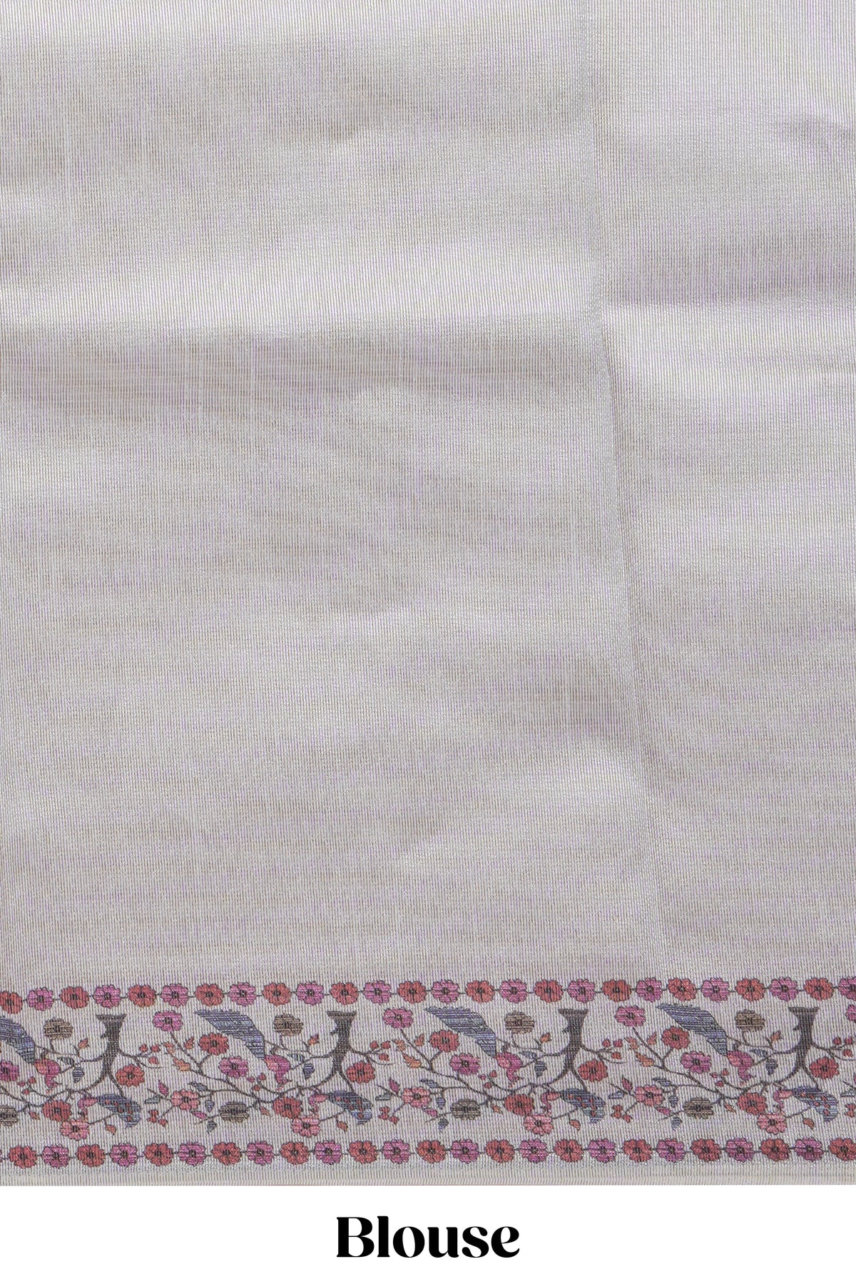 Grey striped art tissue saree with contrast floral & peacock design border and matching blouse