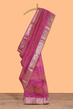 Pink crush art tissue saree with self floral design border and contrast zari blouse