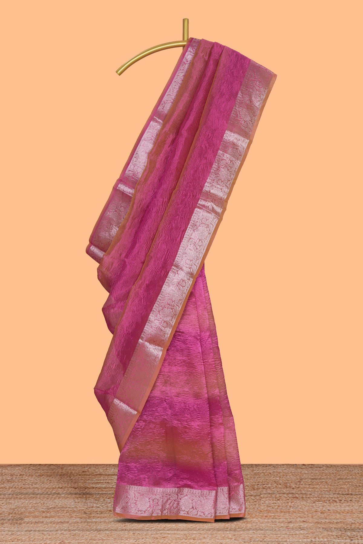 Pink crush art tissue saree with self floral design border and contrast zari blouse