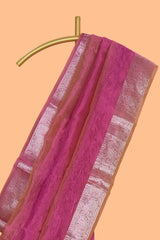 Pink crush art tissue saree with self floral design border and contrast zari blouse