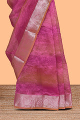 Pink crush art tissue saree with self floral design border and contrast zari blouse