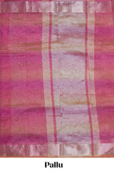 Pink crush art tissue saree with self floral design border and contrast zari blouse