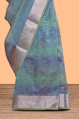 Blue crush art tissue saree with self design border and contrast zari blouse