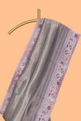 Grey striped art tissue saree with contrast floral design border and matching blouse