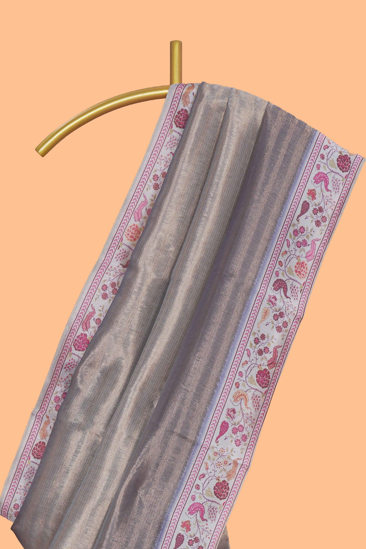 Grey striped art tissue saree with contrast floral design border and matching blouse