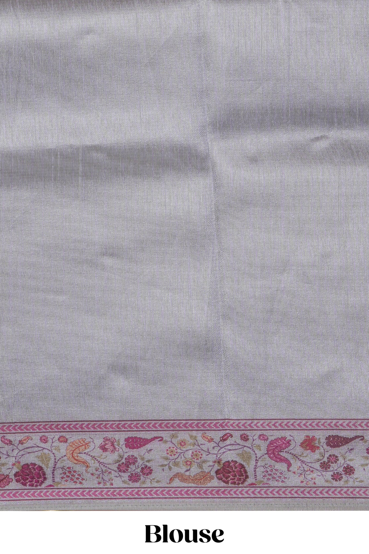 Grey striped art tissue saree with contrast floral design border and matching blouse