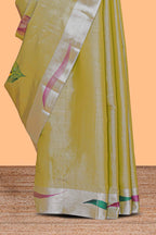 Green peacock feather design tissue saree with self zari border and contrast blouse