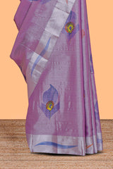 Purple peacock feather design tissue saree with self zari border and contrast blouse