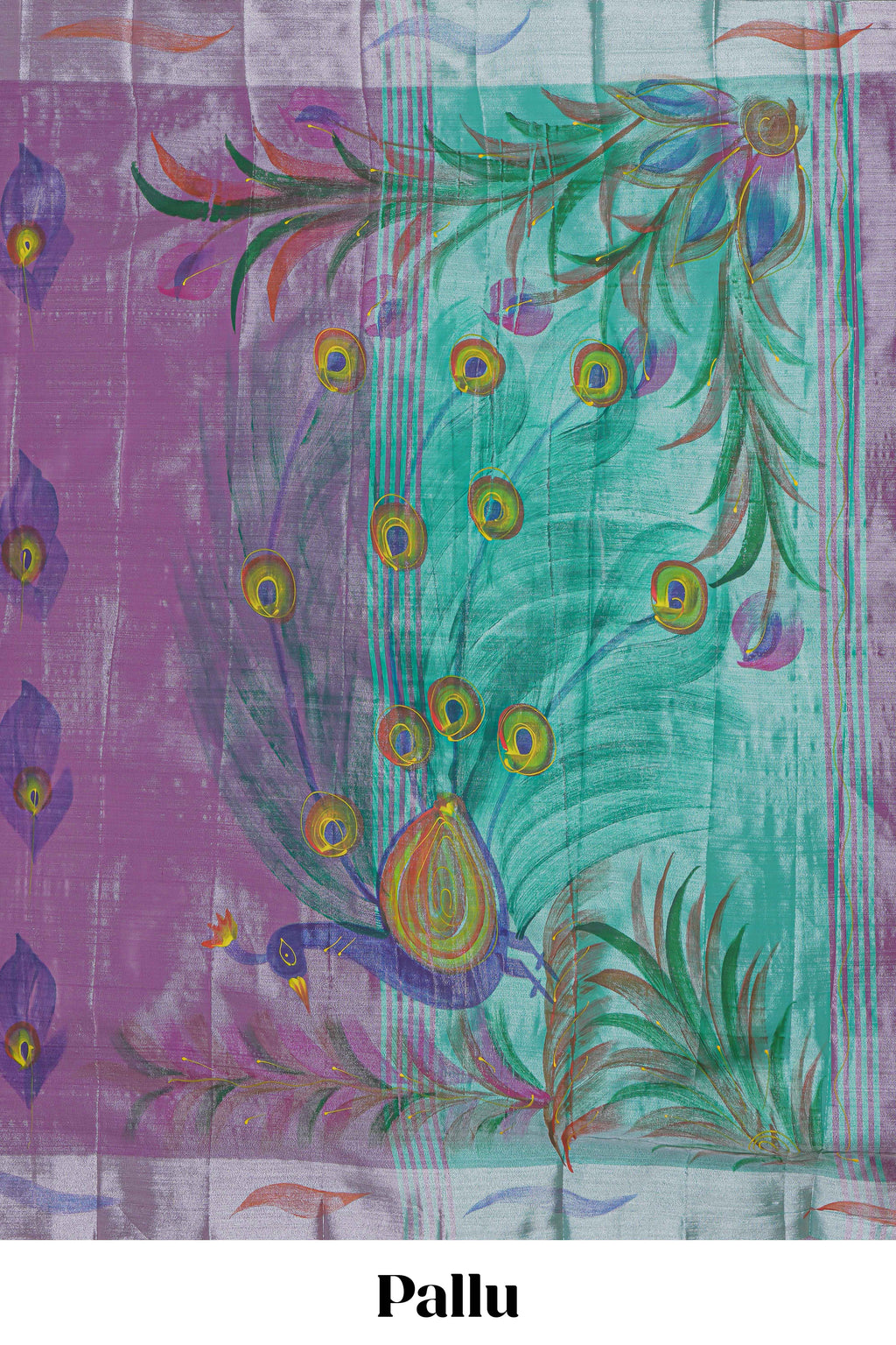 Purple peacock feather design tissue saree with self zari border and contrast blouse