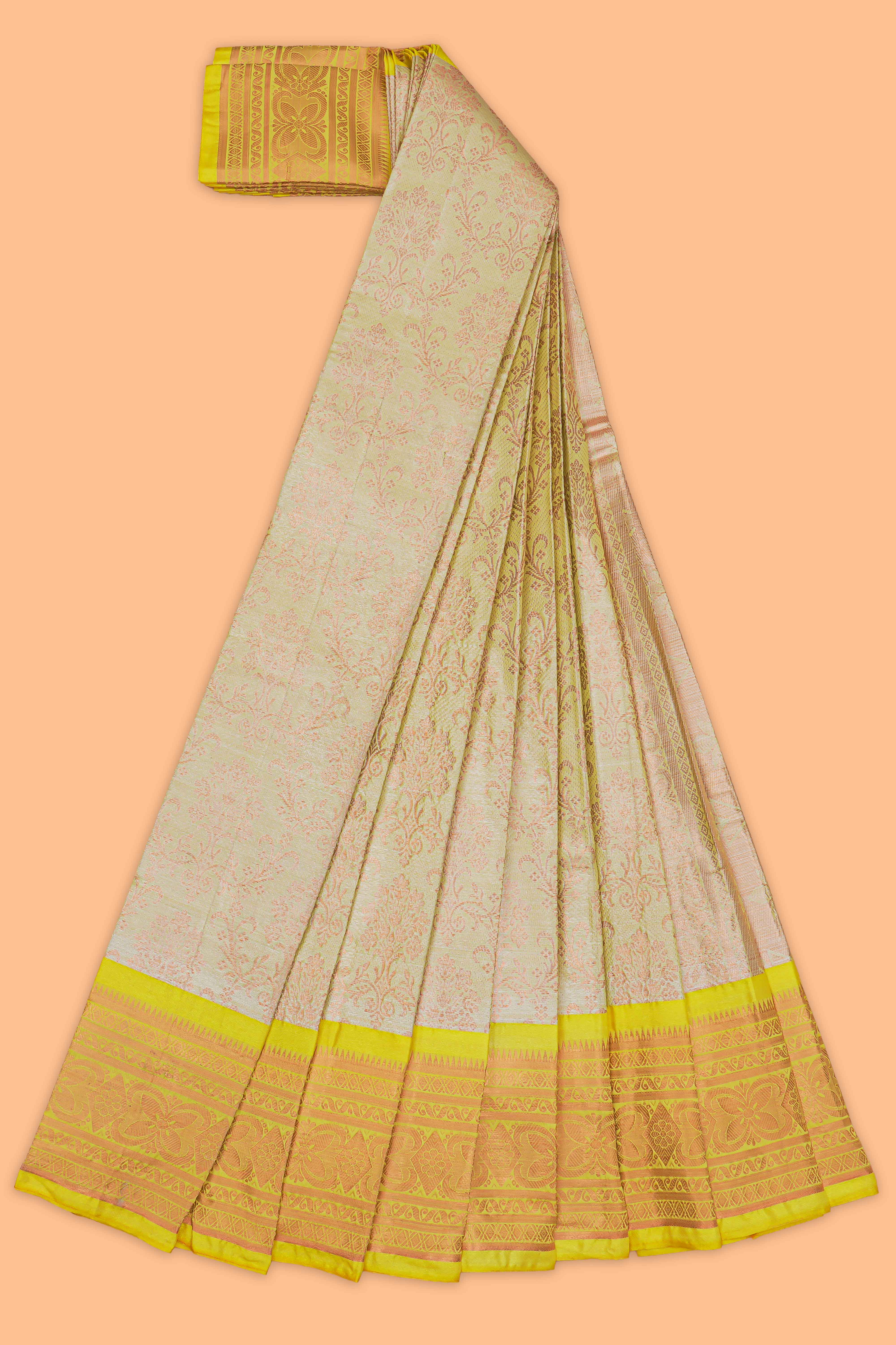 Green floral design art tissue saree with contrast border and blouse