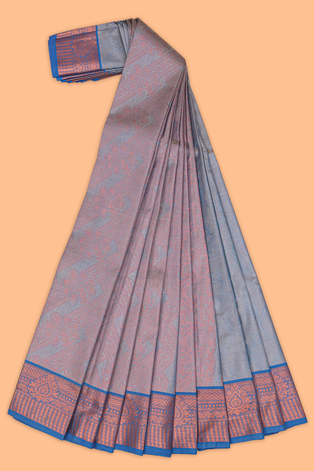 Mauve blue floral vine design art tissue saree with contrast border and blouse