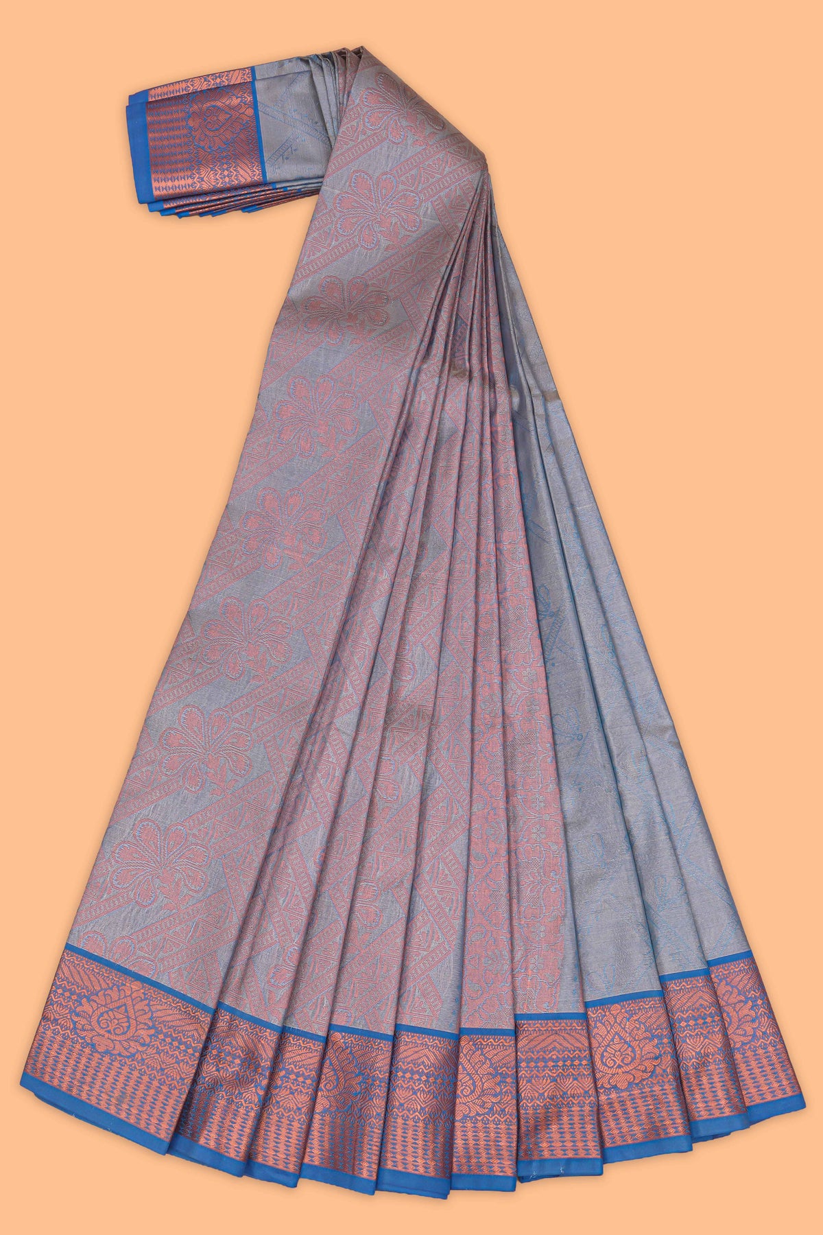 Mauve blue floral vine design art tissue saree with contrast border and blouse
