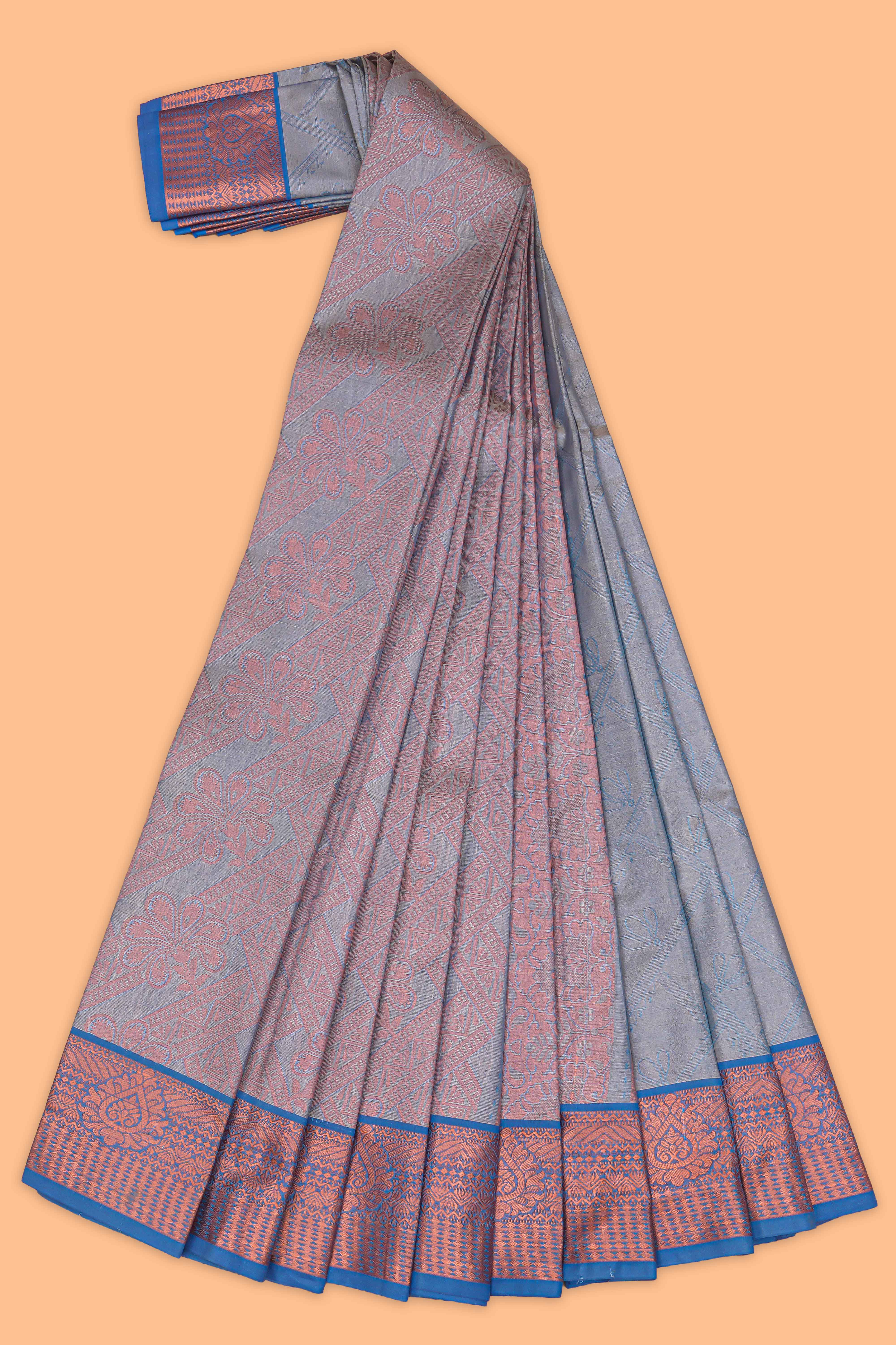 Mauve blue floral vine design art tissue saree with contrast border and blouse