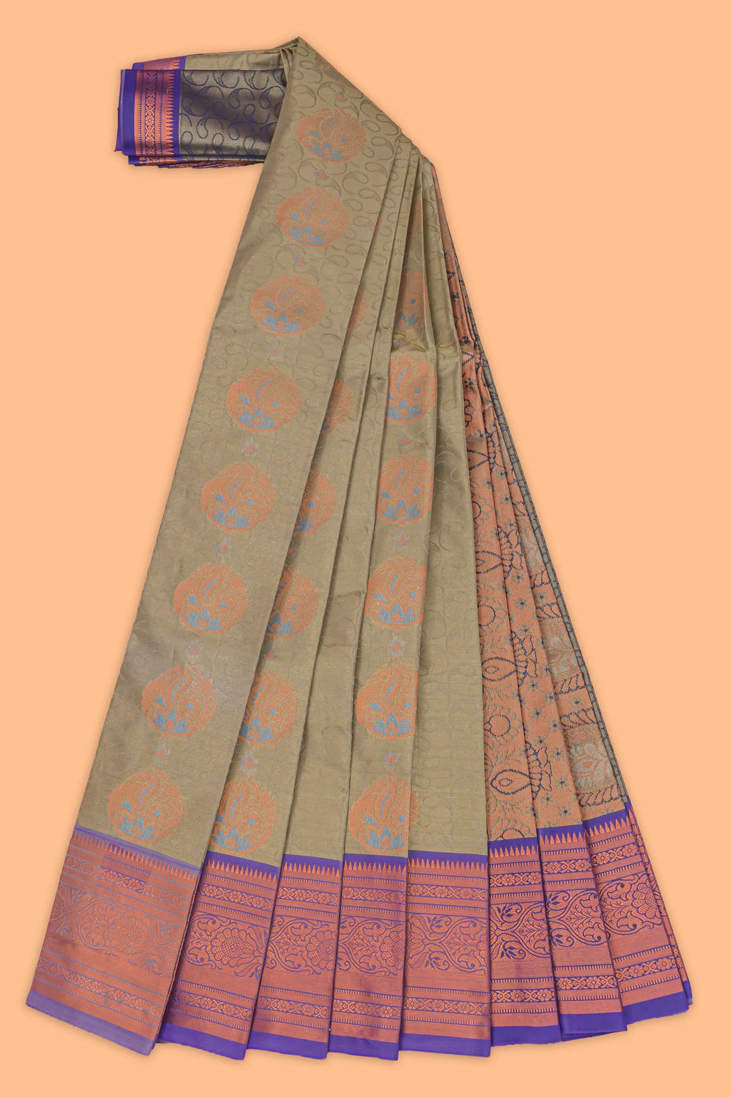 Green floral motifs design art tissue saree with contrast border and blouse