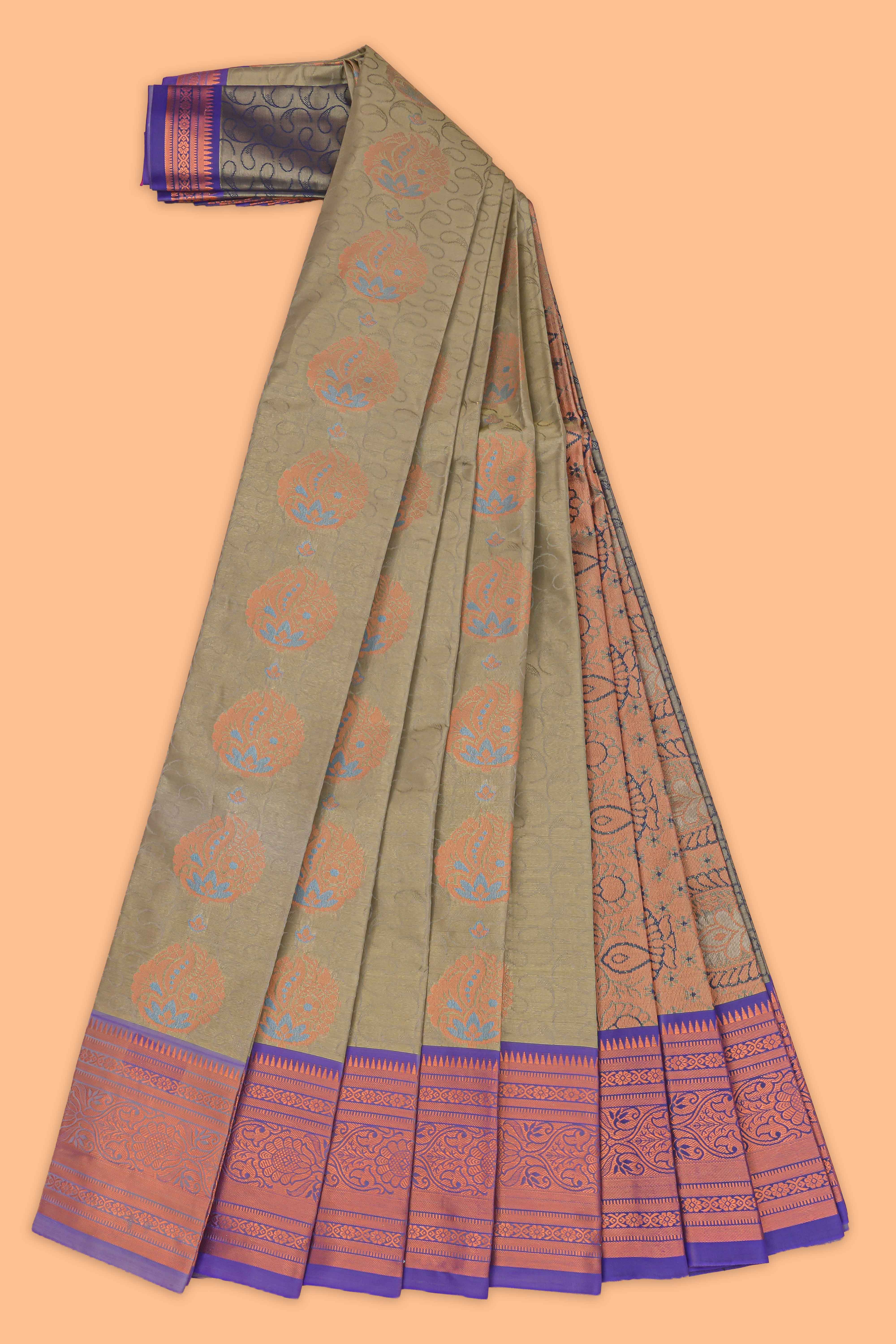 Green floral motifs design art tissue saree with contrast border and blouse