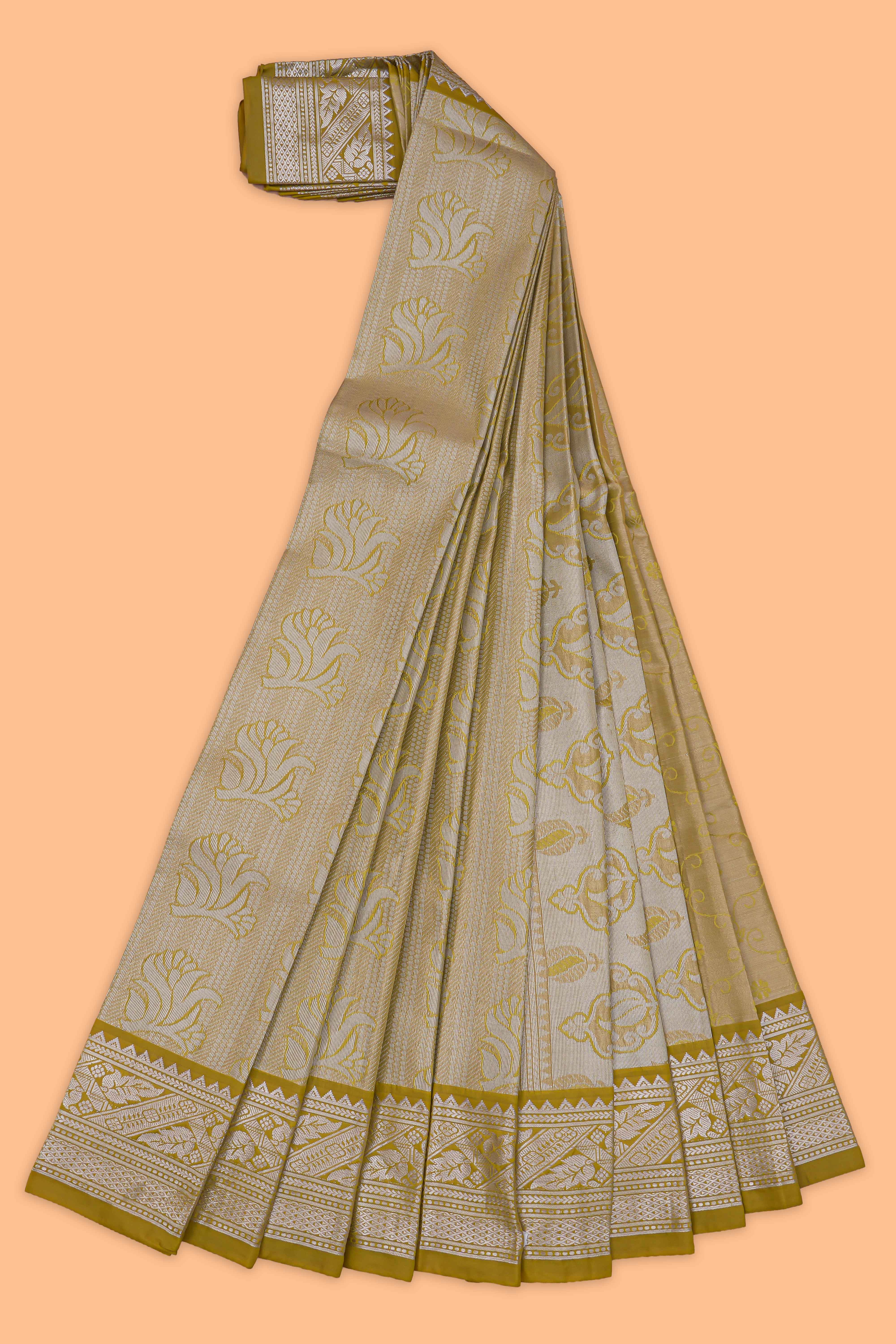 Olive green floral motifs design art tissue saree with self border and matching blouse