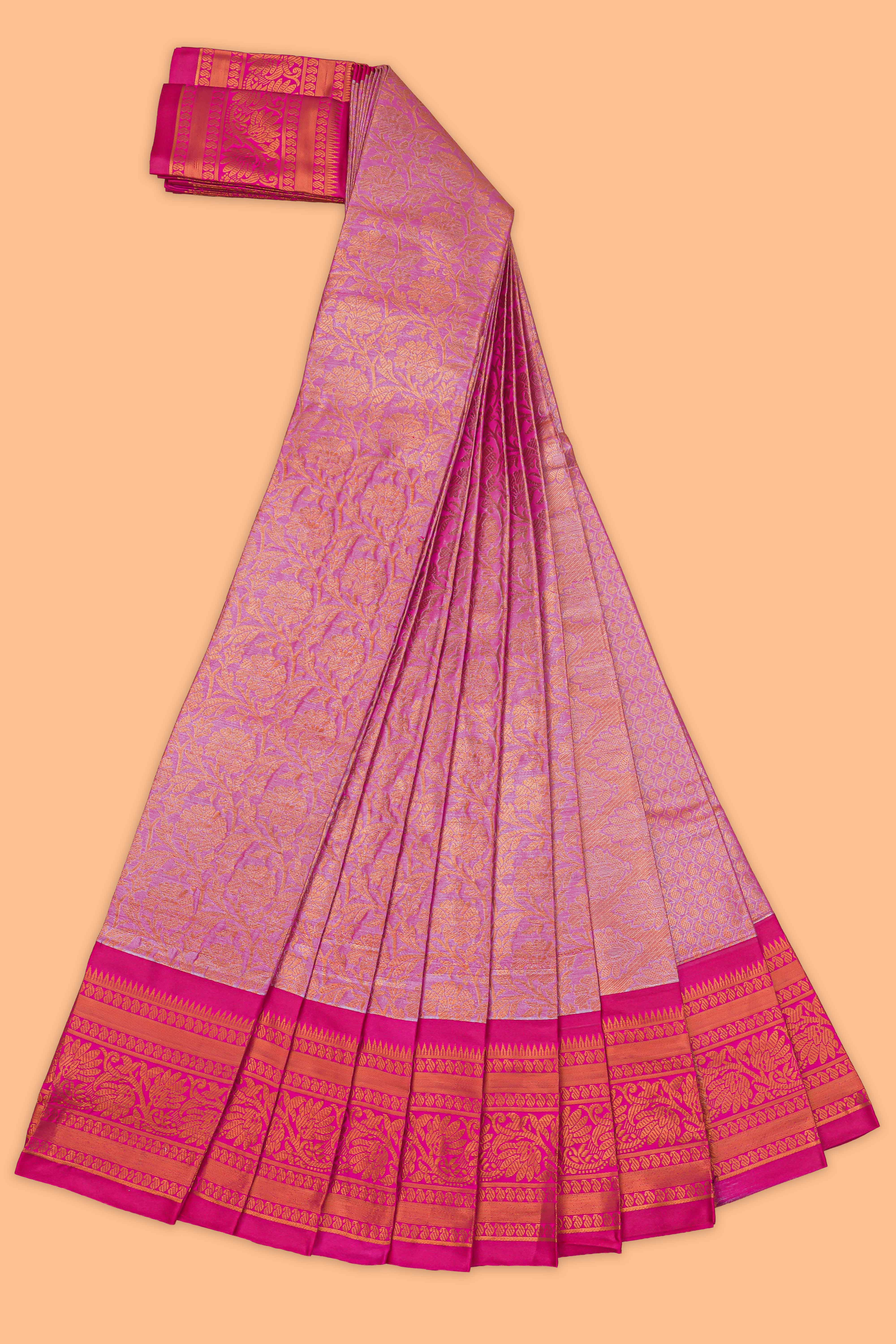 Lavender floral design art tissue saree with contrast border and matching blouse