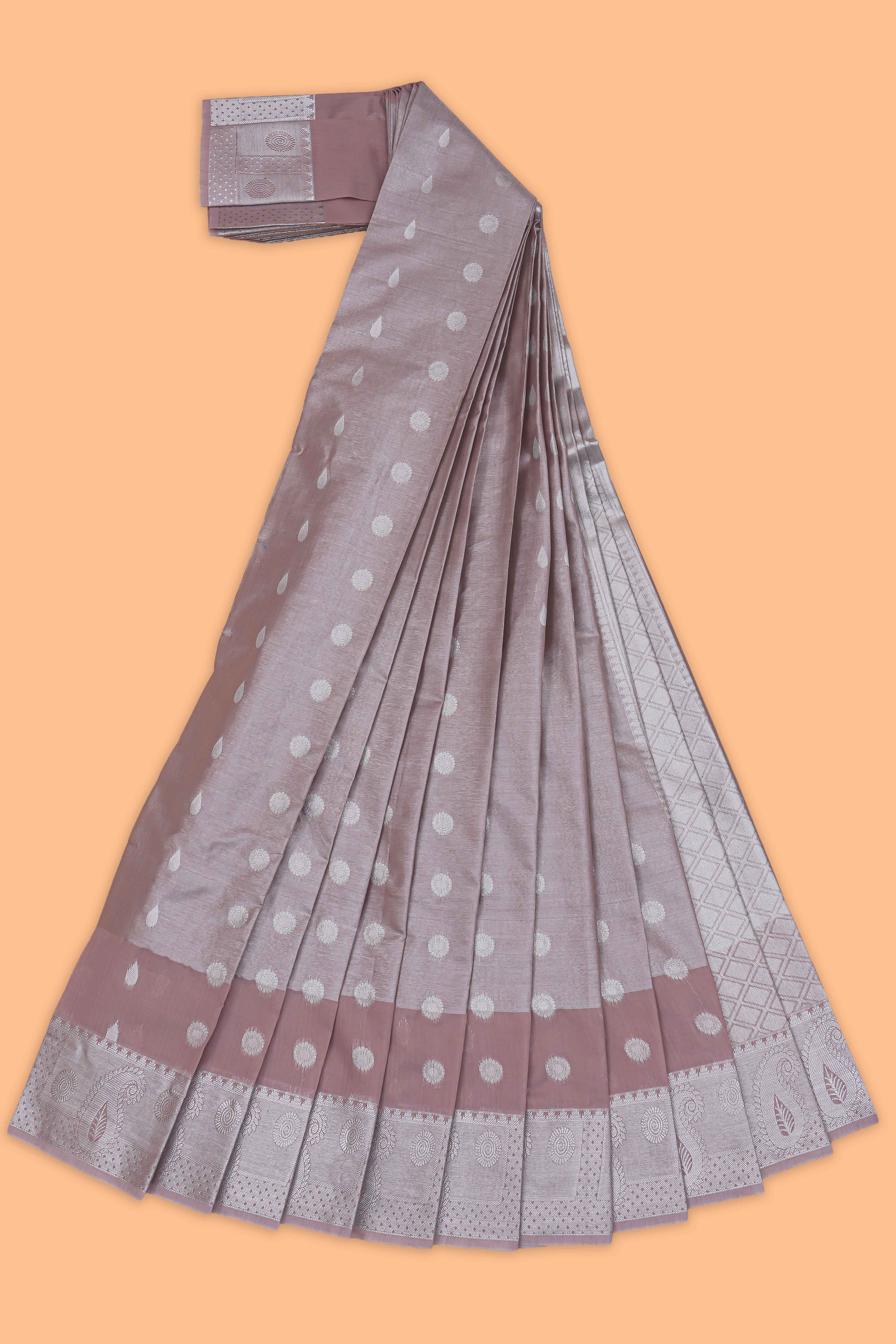 Mauve pink floral design art tissue saree with contrast border and matching blouse
