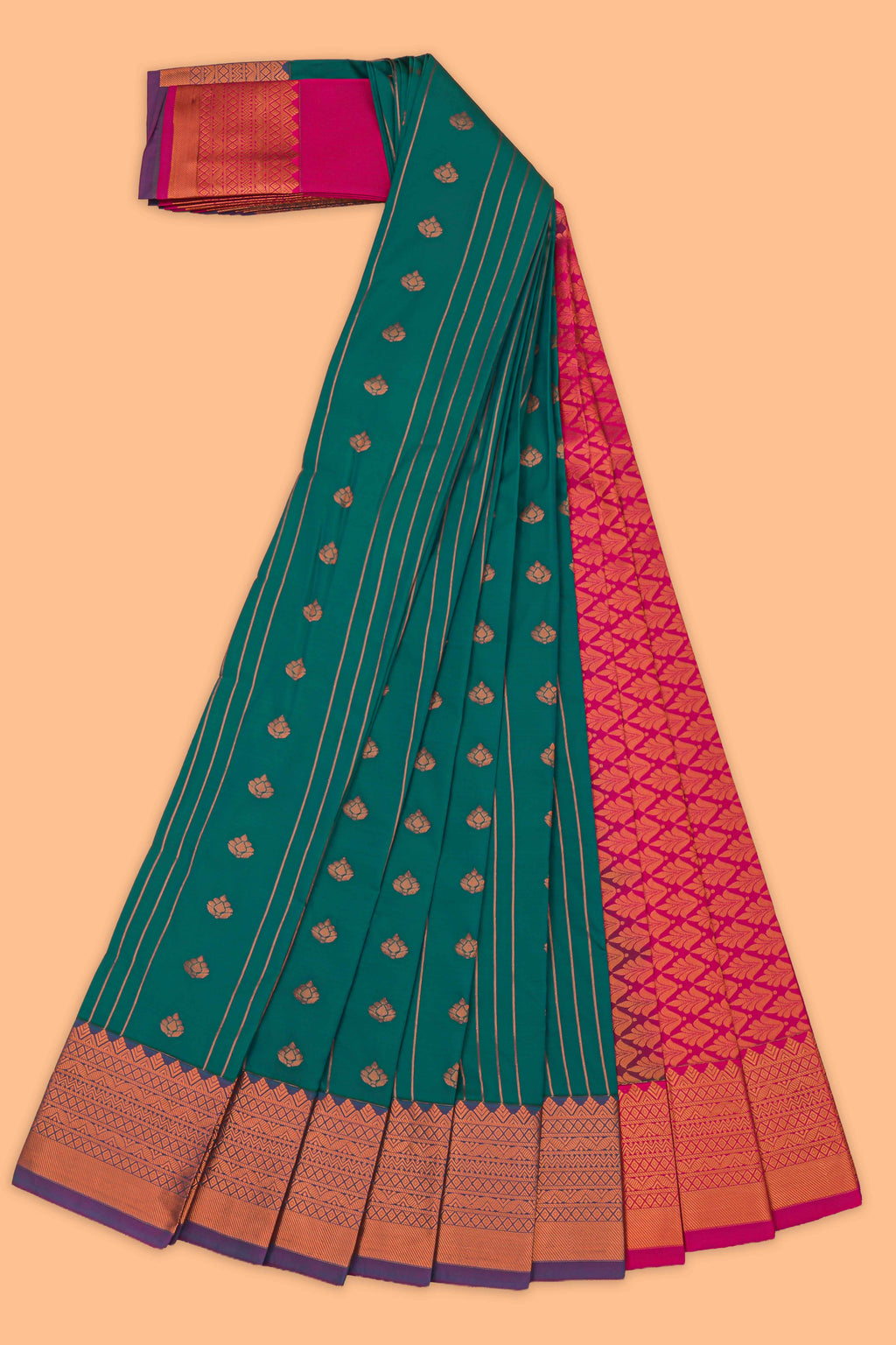 Green striped floral motifs design art tissue saree with contrast border and blouse