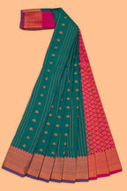 Green striped floral motifs design art tissue saree with contrast border and blouse